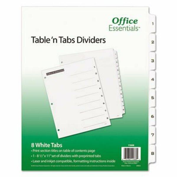 Avery Dennison Office Ess, TABLE 'N TABS DIVIDERS, 8-TAB, 1 TO 8, 11 X 8.5, WHITE 11668